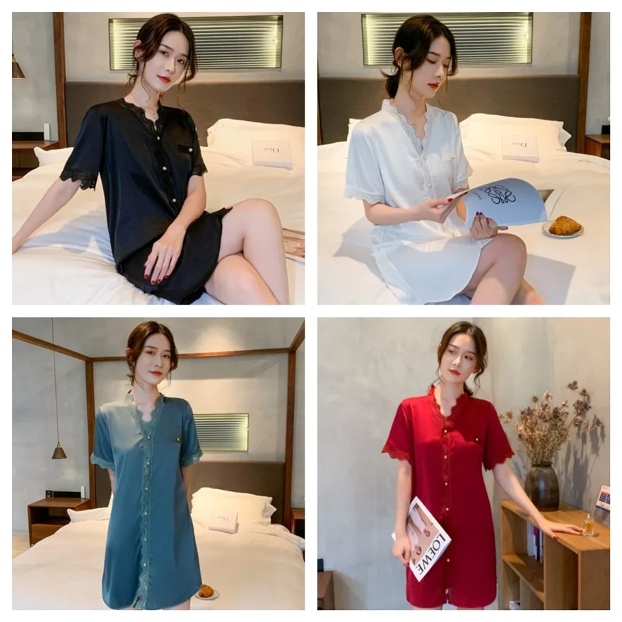 Sexy Lace Trim Women Ice Silk Sleepwear Female Nightgown Solid Nightdress Lounge Sleep Dress Ladies Night Shirts Home Clothing