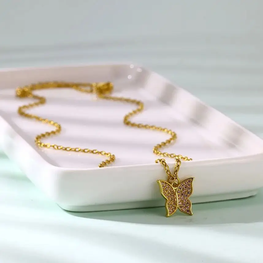 Butterfly Pendant Stainless Steel Zircon Necklaces for Women