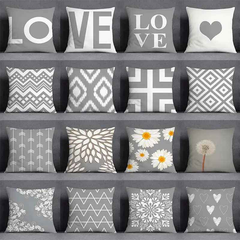 3pcs/lot 45X45CM Gray Lumbar Pillow Case Polyester Geometry Leaf Floral Stripes Plaids Print Sofa Throw Cushion Cover Home Decor