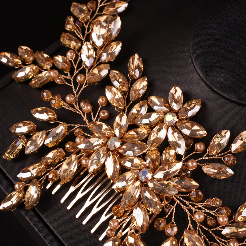 Hair Accessories Bridal Hair Accessories Bride Women Large Crystal Wedding Hair Comb Champagne Bridal Side Comb Full Rhinestone Hair Accessorie for Women and Girls