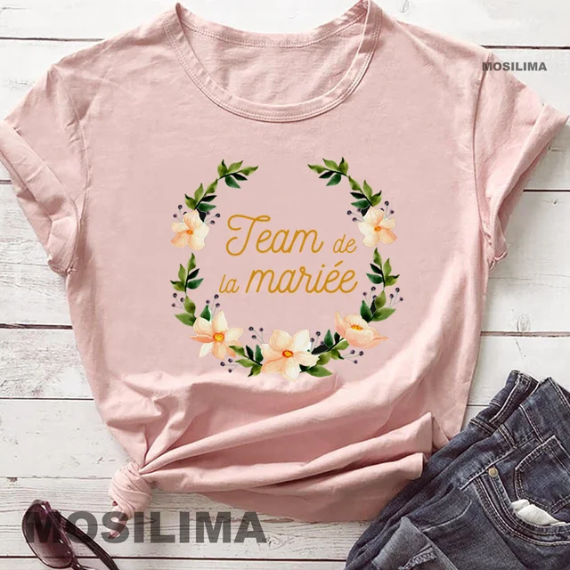 Team Bride Bachelorette Wedding Party Women Evjf Tee Shirt Casual ladies basic O-collar Pink Short Sleeved T-shirt Girl Peach1