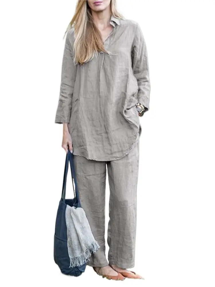 Women Loose Blouse Shirt Sets Two Piece V Neck Long Sleeve Tops