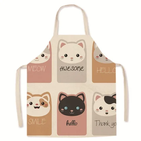 

Cartoon Parent-child Cat Printing Pattern Linen Apron Home Kitchen Baking Oil-repellent Anti-fouling Apron Housework Supplies