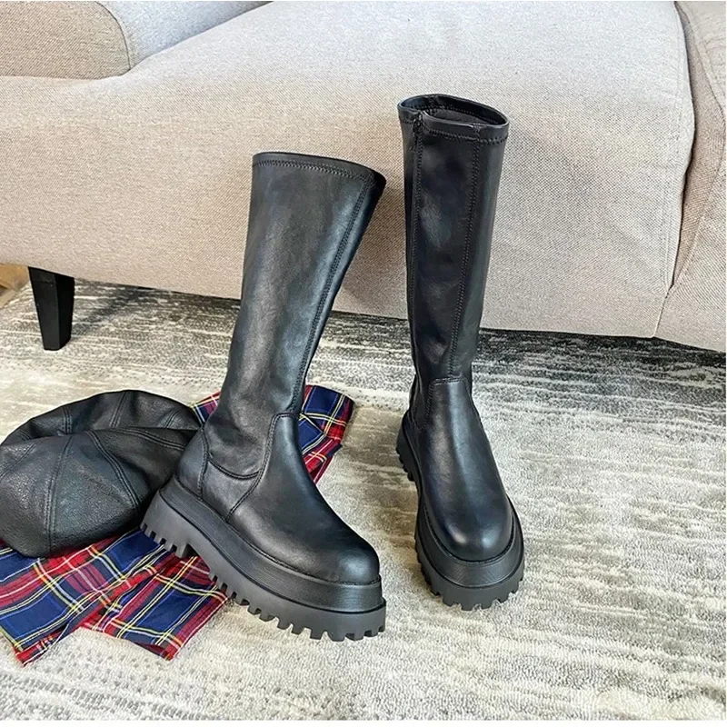 2023 Winter Chunky Platform Heels Long Boots Round Toe Zipper Thick Sole Ladies Fashion Winter Women's High Boots Women Shoes