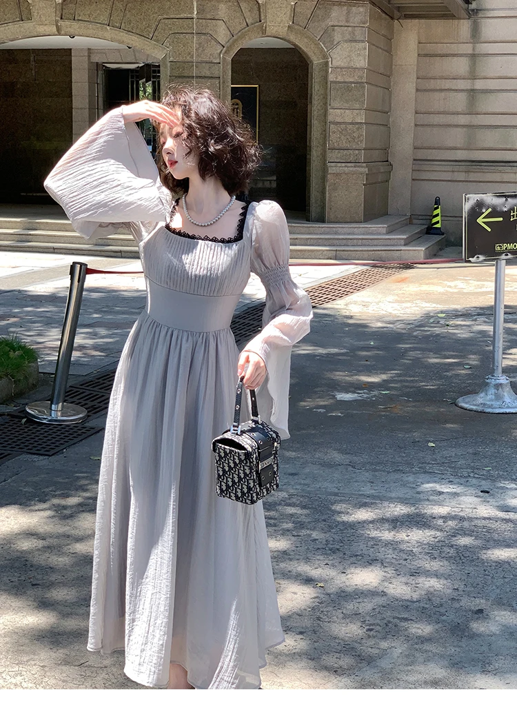 Autumn Princess Midi Dresses for Women Square Collar Flare Sleeve A-line Party Dress Slim Waist Korean One Piece Vestidos New