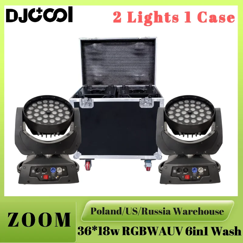 2pcs 36x18W LED Wash Zoom Moving Head Light RGBWAUV 6in1 LED linear adjustment Dimmer for Party Bar Wedding Party Concert Lyre