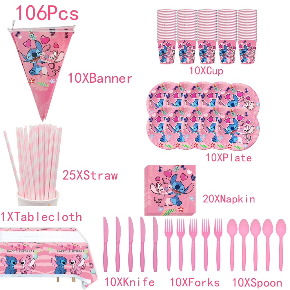 142PCS Pink Lilo and Stitch Birthday Party Supplies for 10 Guests, Party  Birthday Decorations included Happy Birthday Banner, Balloons, Forks