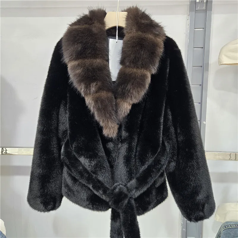 DEAT 2026 Winter Trend Style V-neck Single Breasted Faux Fur Coat With Belt For Women Contrast Color Thick Jackets 29A9574