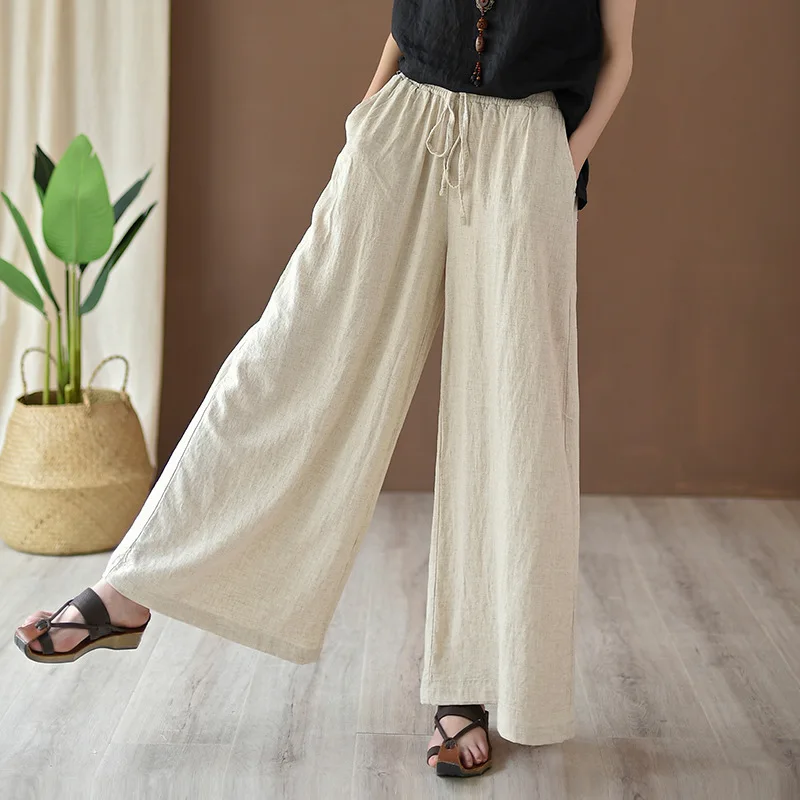 cropped leggings Full Length Wide Leg Pants Vintage Loose Elastic Waist Solid Color 2022 New Summer Clothes Pockets Women Pants RV874 carhartt pants Pants & Capris