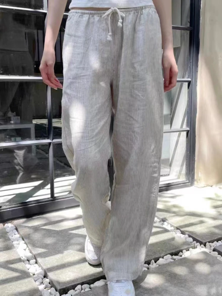 

Women Cotton Linen Striped Drawstring Wide Leg Pants Casual High Waist Loose Home Straight Trousers Spring Autumn Pajama Pants
