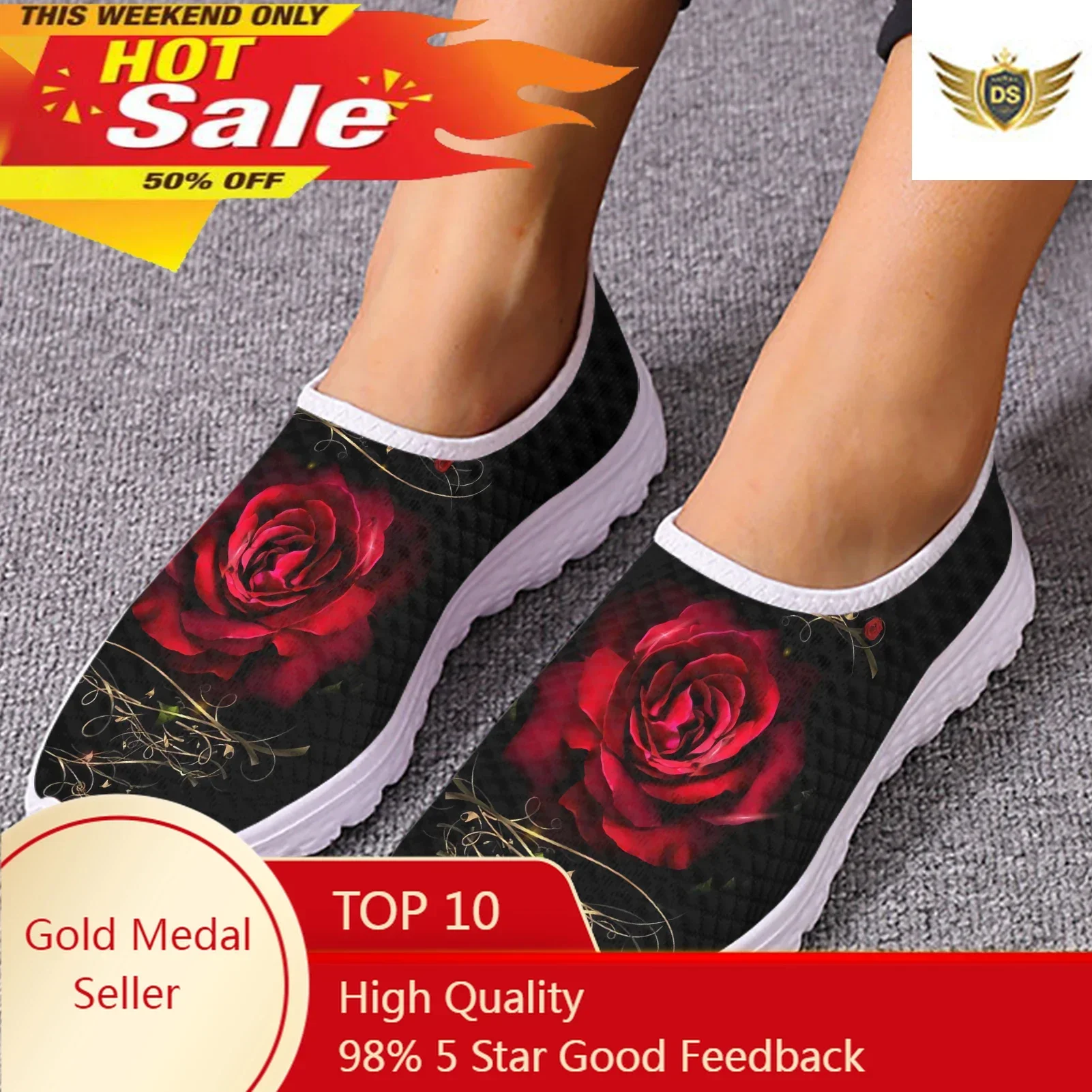 Brand Art Rose Flower Printed Girls Mesh Sneakers Summer Soft Slip-on Flat Shoes Breathable Beach Loafers Hot