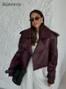 Women's Red Pu Leather Burgundy Solid Lapel Cropped Jacket Female Pockets Long Sleeves Short Coat 2024 Lady Autumn Streetwear 1