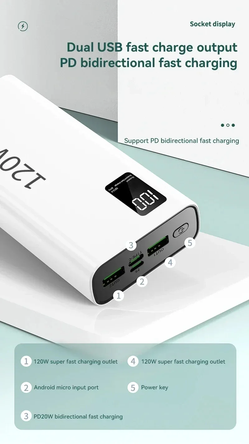 120W Power Bank 50000mAh High Capacity Fast Charging Powerbank Portable Battery Charger For iPhone Samsung Huawei Hot