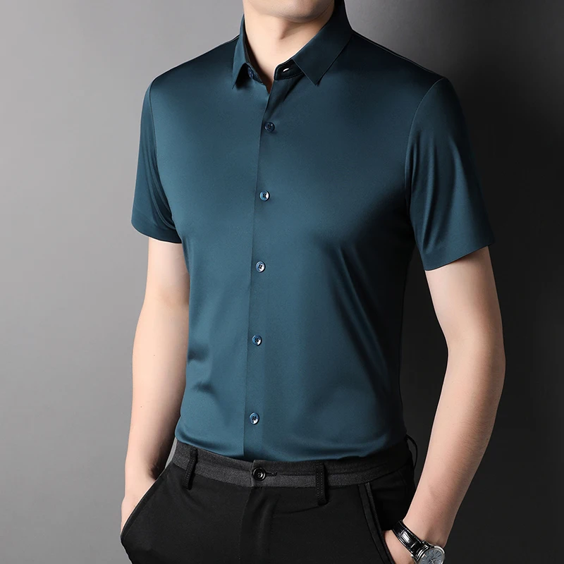 Description Picture 3 of itemMLSHP High Elasticity Summer Men's Shirts Luxury Short Sleeve Solid Color Seamless Business Casual Male Dress Shirts 4XL