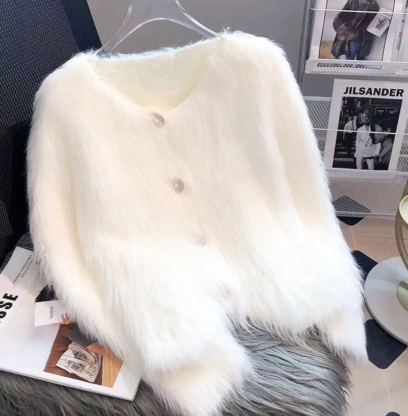 Cropped White Knitted Cardigan Women Korean Mink Cashmere Sweater Outerwear Black Long Sleeve Knitwear Winter Jumpers New