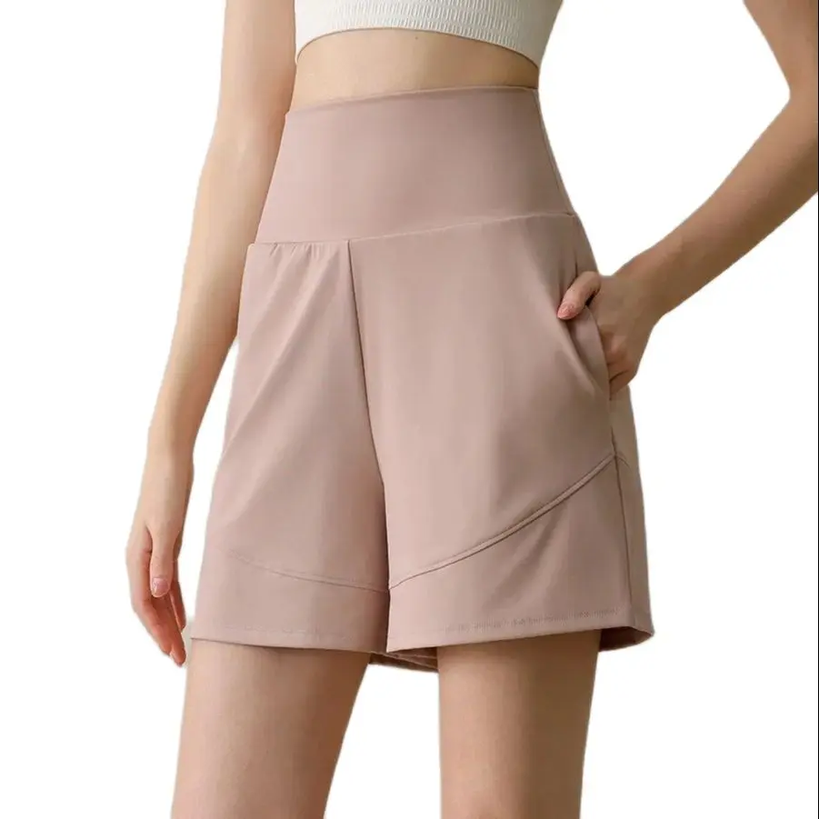 Wmuncc High Waist Sport Shorts Woman Nylon + Spandex Breathable Yoga Fitness Gym Bottom with Pocket Skin Friendly Material