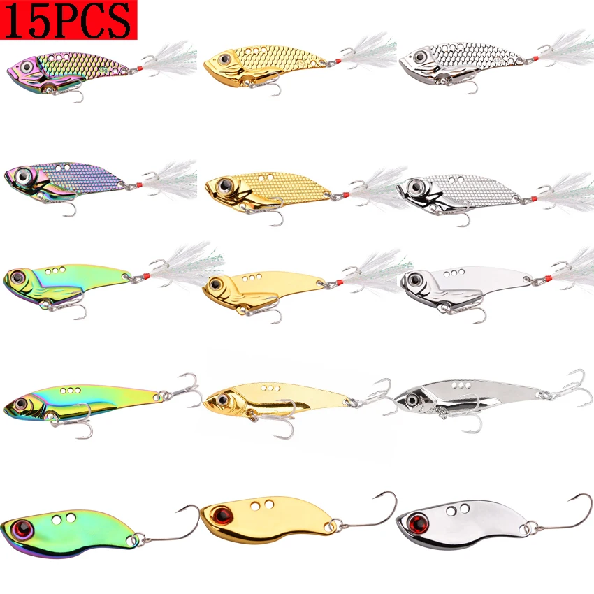 

15PCS Metal VIB 3D Eyes 5g 7g 10g 15g 25g Fishing Lure Set Vibration Spoon Spinner Lures Crankbait Bass Artificial Hard Bait