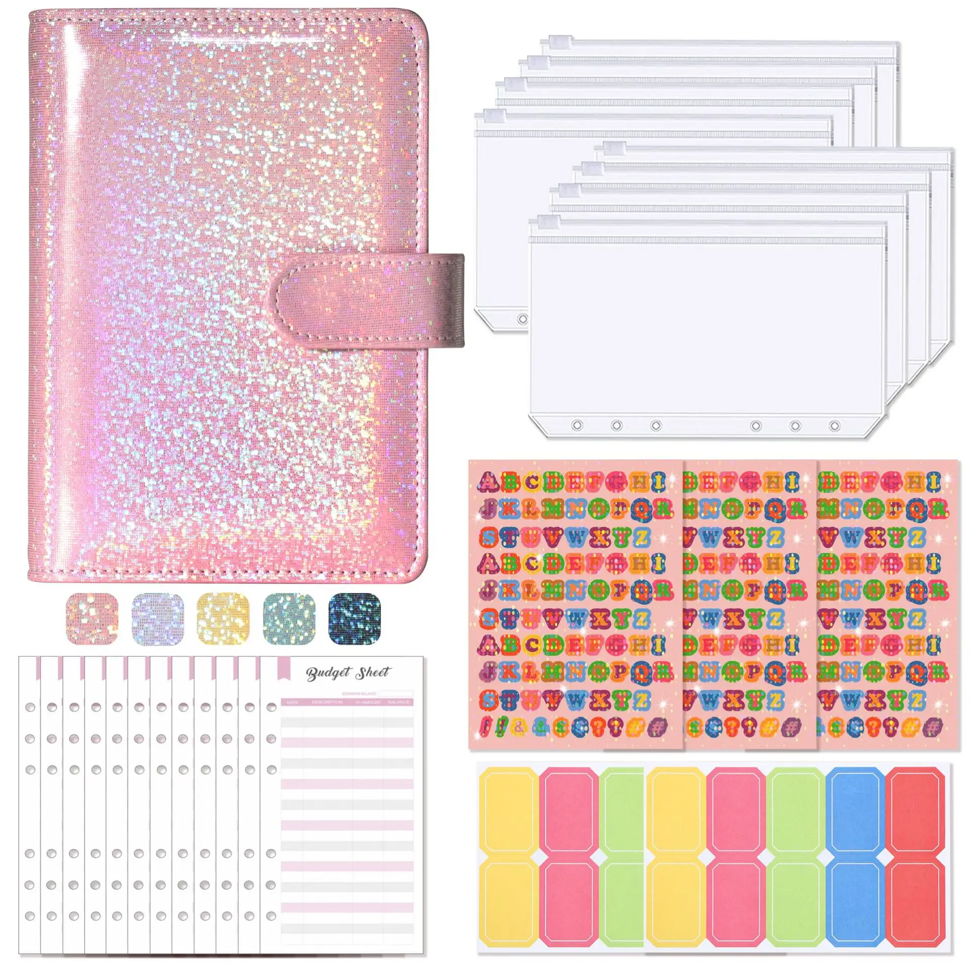 Classeur en cuir PU A6, 6 anneaux de couverture, 6 pochettes et 12 feuilles  de calcul