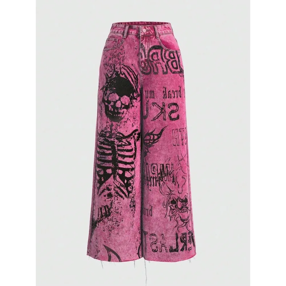 Pink Y2K Grunge Baggy Jeans Vintage Gothic Graffiti Skull Print 3D Lettering High Waist Wide Leg Pants Punk Fashion Streetwear