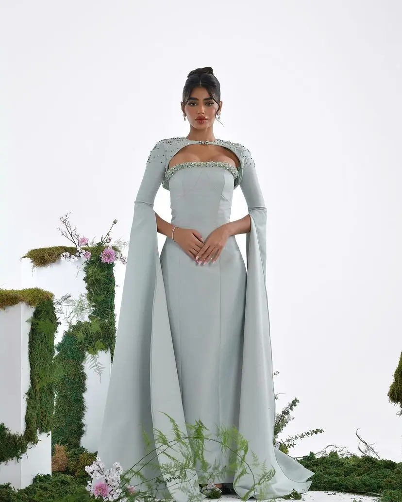 

Vintage Mermaid Prom Dresses with Long Sleeves Jacket Beadings Sequins Floor Length Backless Evening Party Dresses