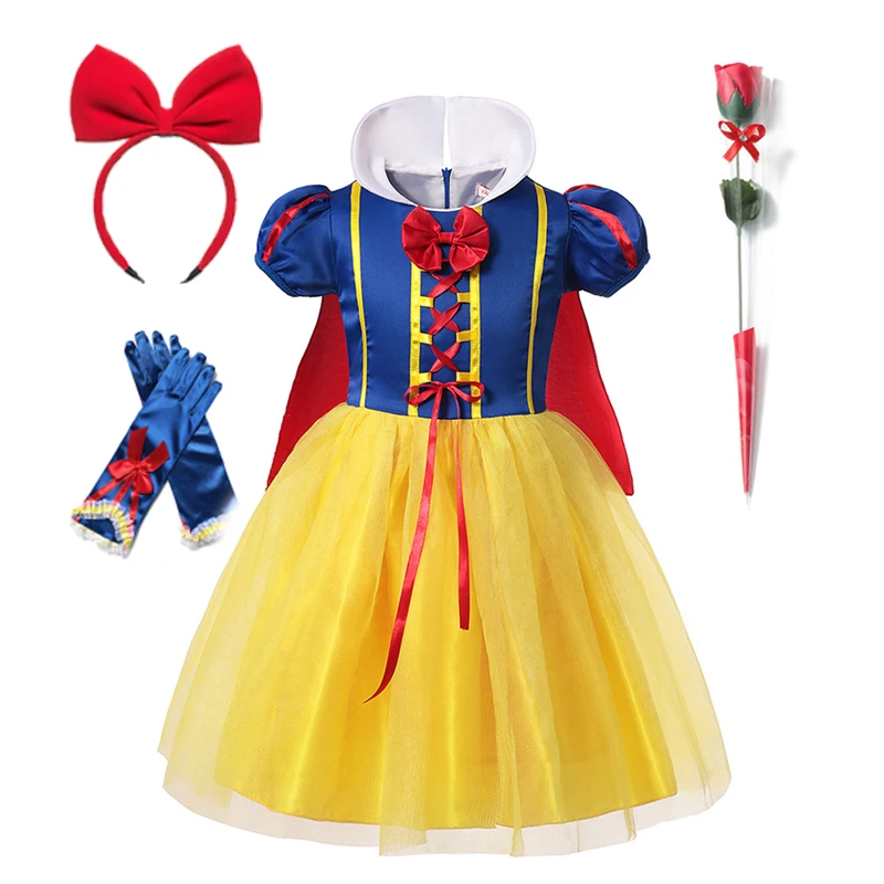 thumbnail image 1 of Vestido de princesa Blancanieves de Disney para niñas, manga abullonada con capa, disfraz de Halloween, Carnaval, fiesta, vestidos de cumpleaños para niños, 1 of 5