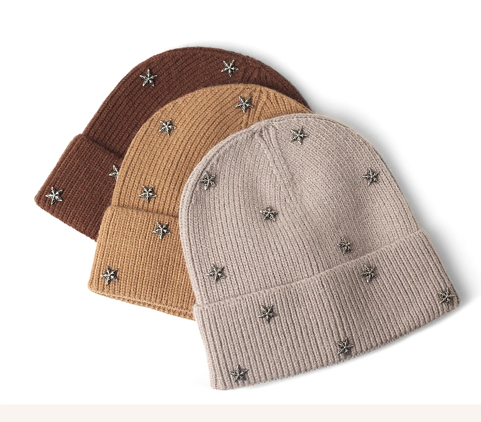 Frauen Gold Silber Stern gestrickt Winter Mütze Mode solide Herbst warm lässig Schädel Mützen weibliche weiche dicke gerollte Hüte – Detail 10