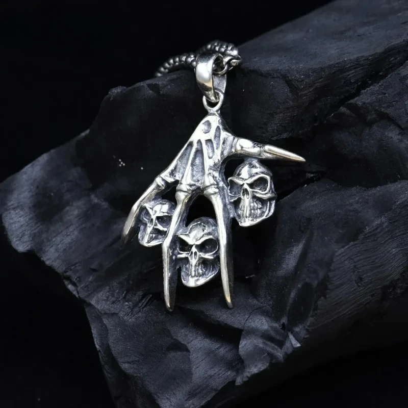 

New S925 Sterling Silver Retro Personalized Hip Hop niche Skeleton Hand Pendant Men's Gift