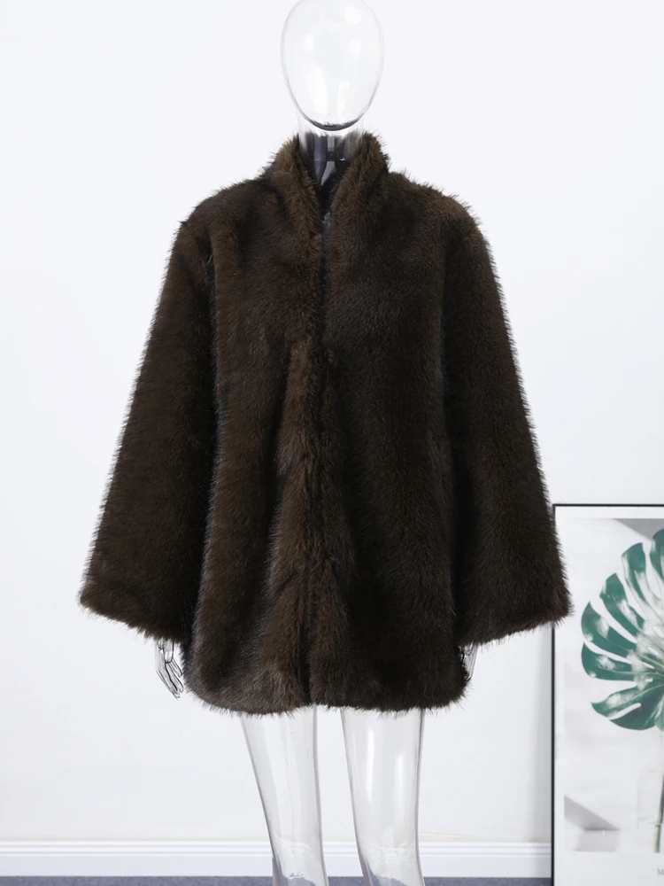 Damen-Wintermäntel, Midi-Kunstpelzmantel, Herbst 2022, weiblich, luxuriös, langärmelig, übergroß, warme Jacke, schicke Damen-Oberbekleidung, Neu – Detail 5