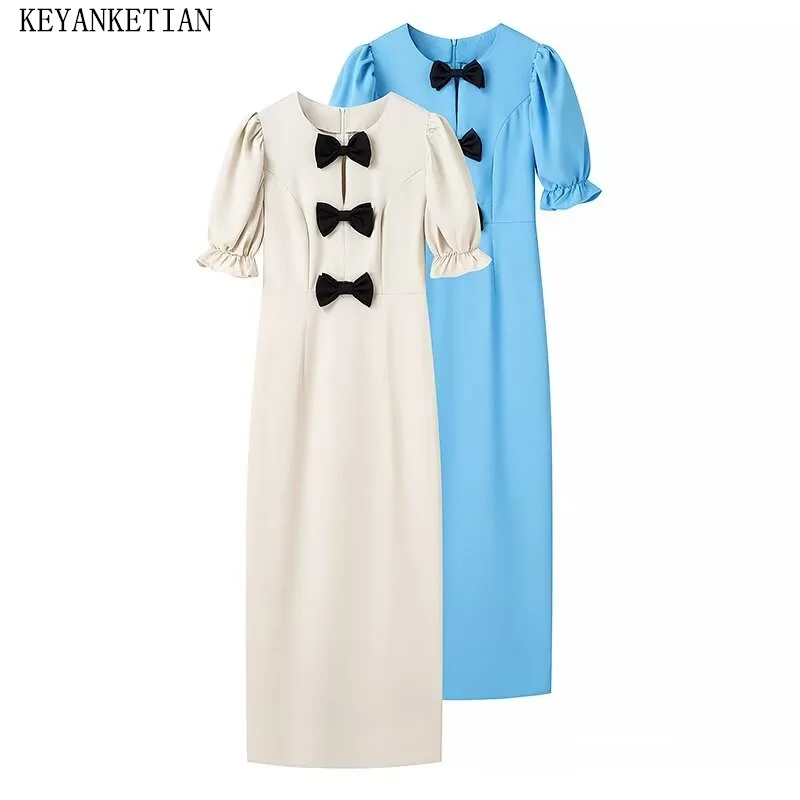 

KEYANKETIAN 2024 New Launch Women's Bow Decoration Puff Sleeve MIDI Dress Summer Elegant Stylish O-Neck Slim-fit Formal Dress