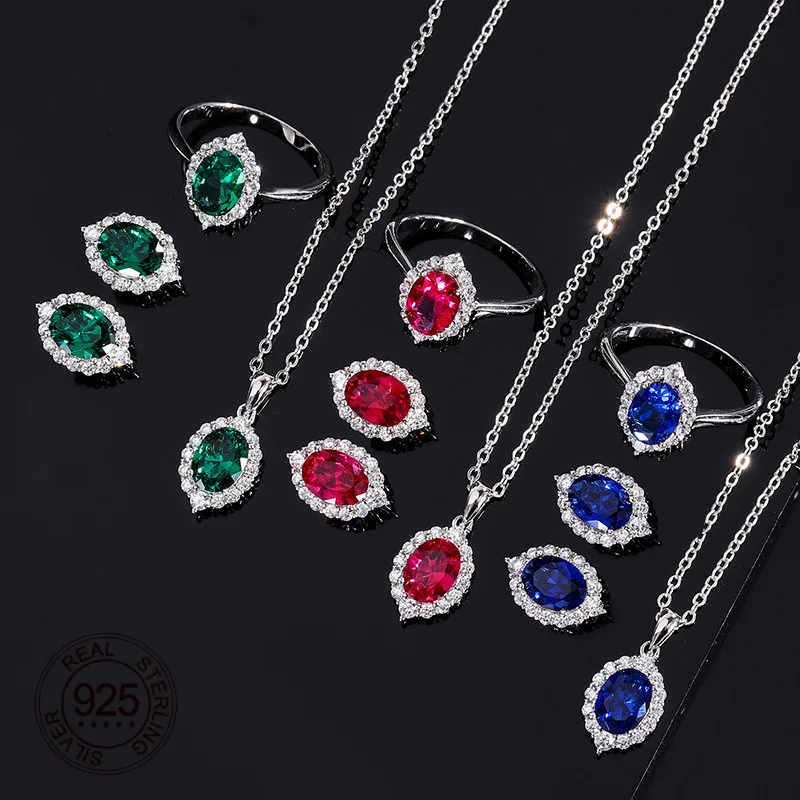 

925 Sterling Silver Green Emerald Red Ruby Blue Sapphire Zircon Pendant Necklace Stud Earrings Ring Women Jewelry Set