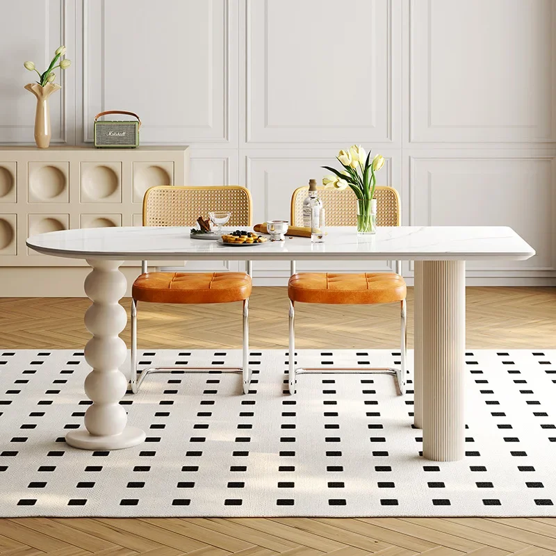 

French Cream Wind Rock Plate Dining Table Island Terrace Integrated Modern Simple Living Room Solid Wood Small Unit One End Roun