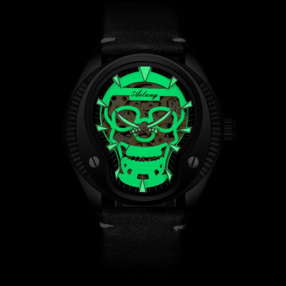 Vergoldete Totenkopf-Leuchtuhr, Herren-Mechanismus, automatische Armbanduhr, automatische Licht-Hohl-Skelettuhr, Leder, Herren, 2025 – Detail 5