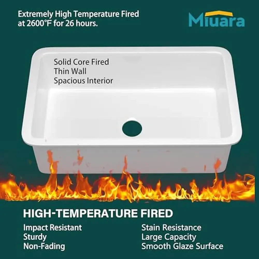 Large White Fireclay Kitchen Sink 32 Inch Drop In Single Bowl Topmount Dual Mount 32"x19"x10" Kit Includes Stainless Steel Grid 4