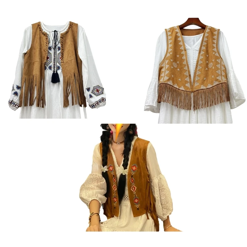 Fringe Vest Women Vintage Faux Suedes Open-Front Vest Sleeveless Hippie Clothes Bohemian Western Jackets Waistcoat Dropship