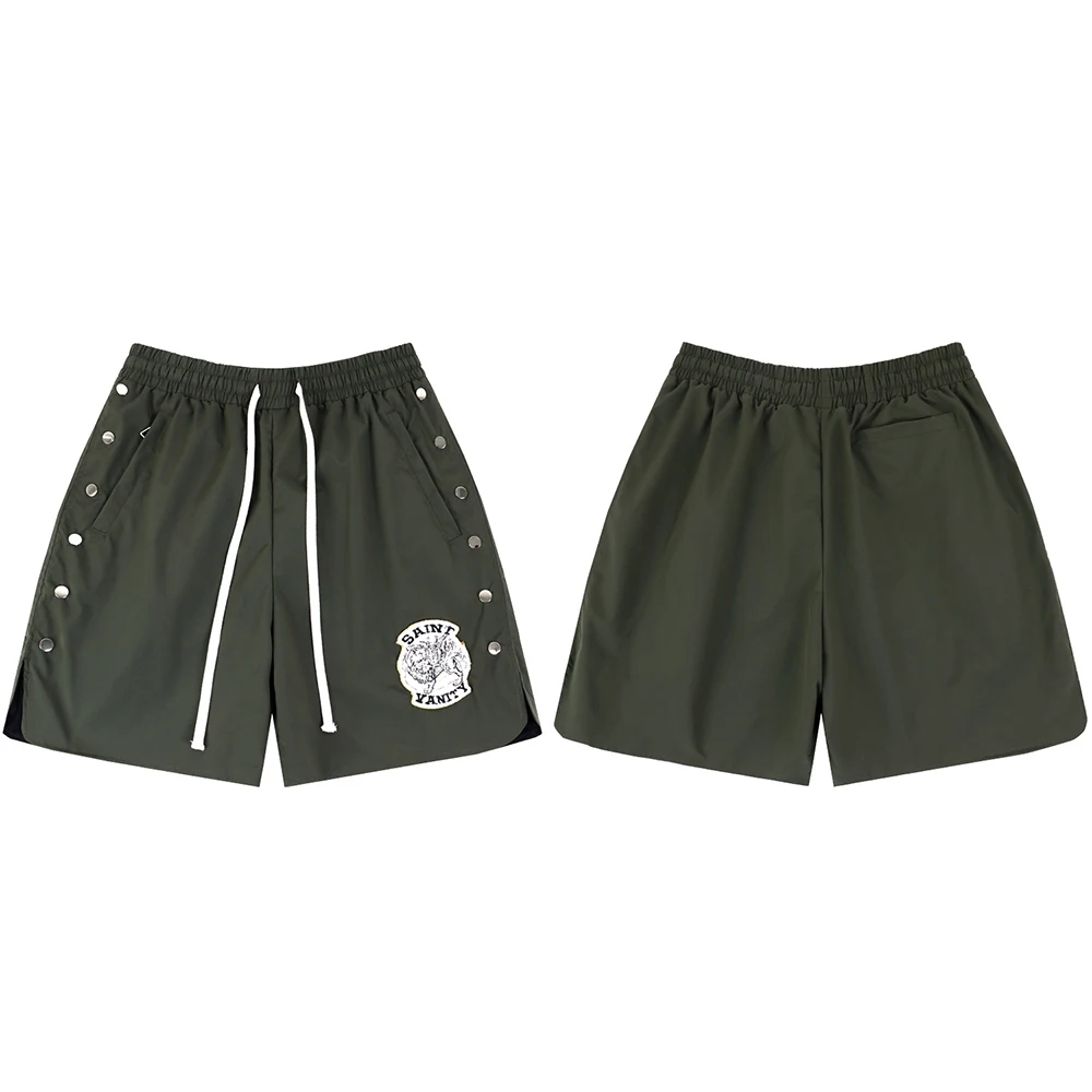 Side Button Embroidery Water Proof Thin Summer Shorts for Men Elastic Waist Drawstring Baggy Quick Dry Five Point Pants