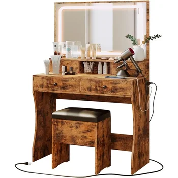 Storage Bench Furniture Makeup Dressing Table With Mirror for Bedroom Bathroom Vintage Brown Freight Free Home
