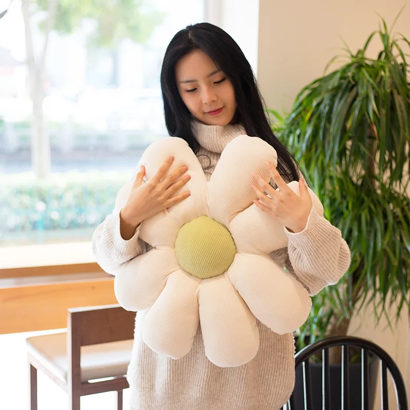 실물 같은 데이지 봉제 식물 베개, 해바라기 시트 쿠션, 다운 코튼 충전, 노란색 핑크, 베이지 의자 꽃 베개, 3 가지 크기