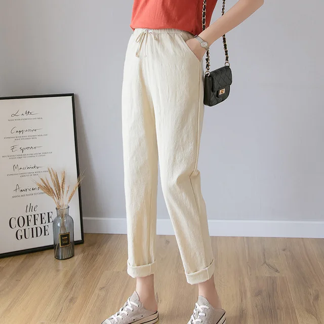 Women Casual Harajuku Long Ankle Length Trousers 2022 Summer Autumn Large Solid Elastic Waist Cotton Linen Pants Black Pants Khaki