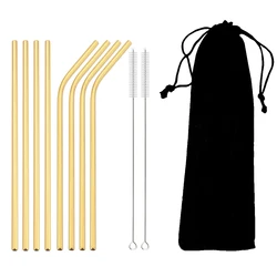 Vibrant Reusable Stainless Steel Drinking Straw Set with Cleaning Brush (11Pcs Gold)