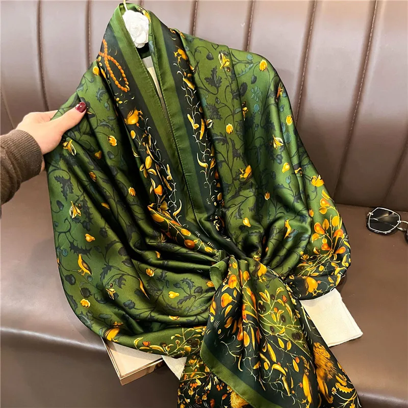 

2022 Fashion Brand Women Silk Scarf Luxury Dark Green Aztec Floral Pashmina Shawls Wrap Soft Foulard Femme Muslim Hijab 180*90Cm