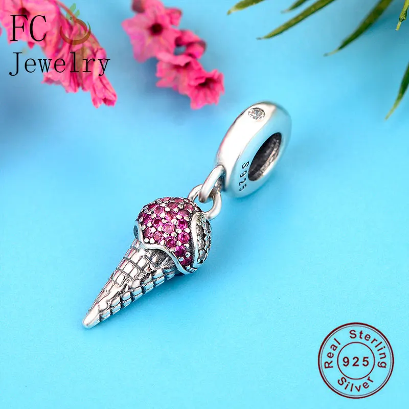 

FC Jewelry Fit Original Brand Charms Bracelet 925 Silver Ice Cream Pink Cubic Zirconia Cone Bead Making Summer Berloque 2020