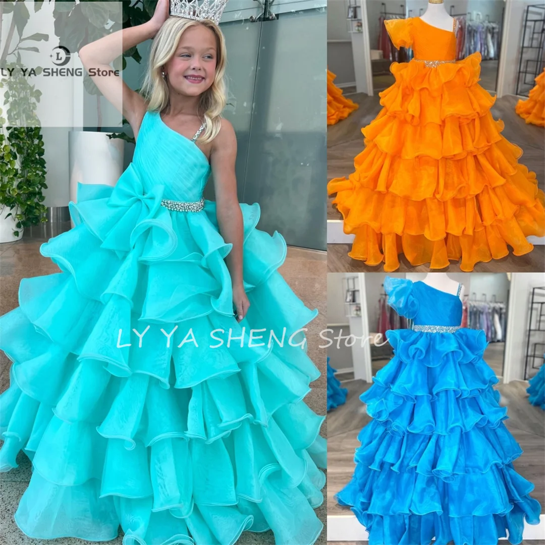 

Ruffles Orange Girl Pageant Dress 2024 Crystals Beading Straps Layer Organza Little Kid Birthday Formal Party Gown Infant Toddle