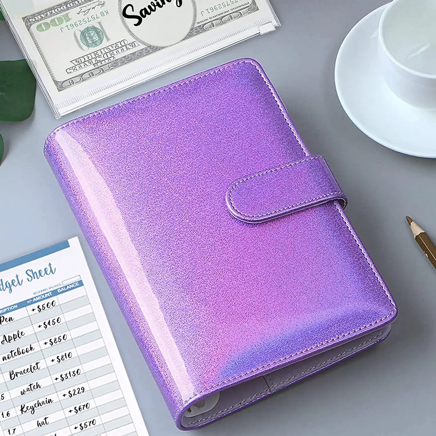 A6 PU Leather Notebook Binder Budget Planner, 8 Binder Pockets,Expense Budget Sheets,Sticker Label, Cash Envelopes for Budgeting