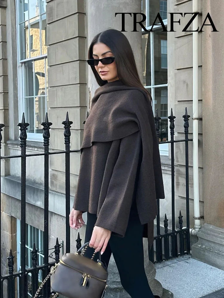 TRAFZA Winter Fashion Asymmetric Scarf Women's Short Knitted Coat Long Sleeve Single Button Loose Women's Elegant Cardigans 6