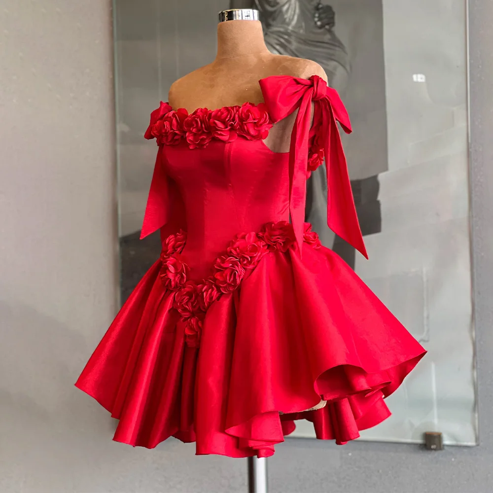 Cocktail Dress Mini 3D Flowers Off the Shoulder Short Evening Party Gown Woman Ruched Backless Lace Up