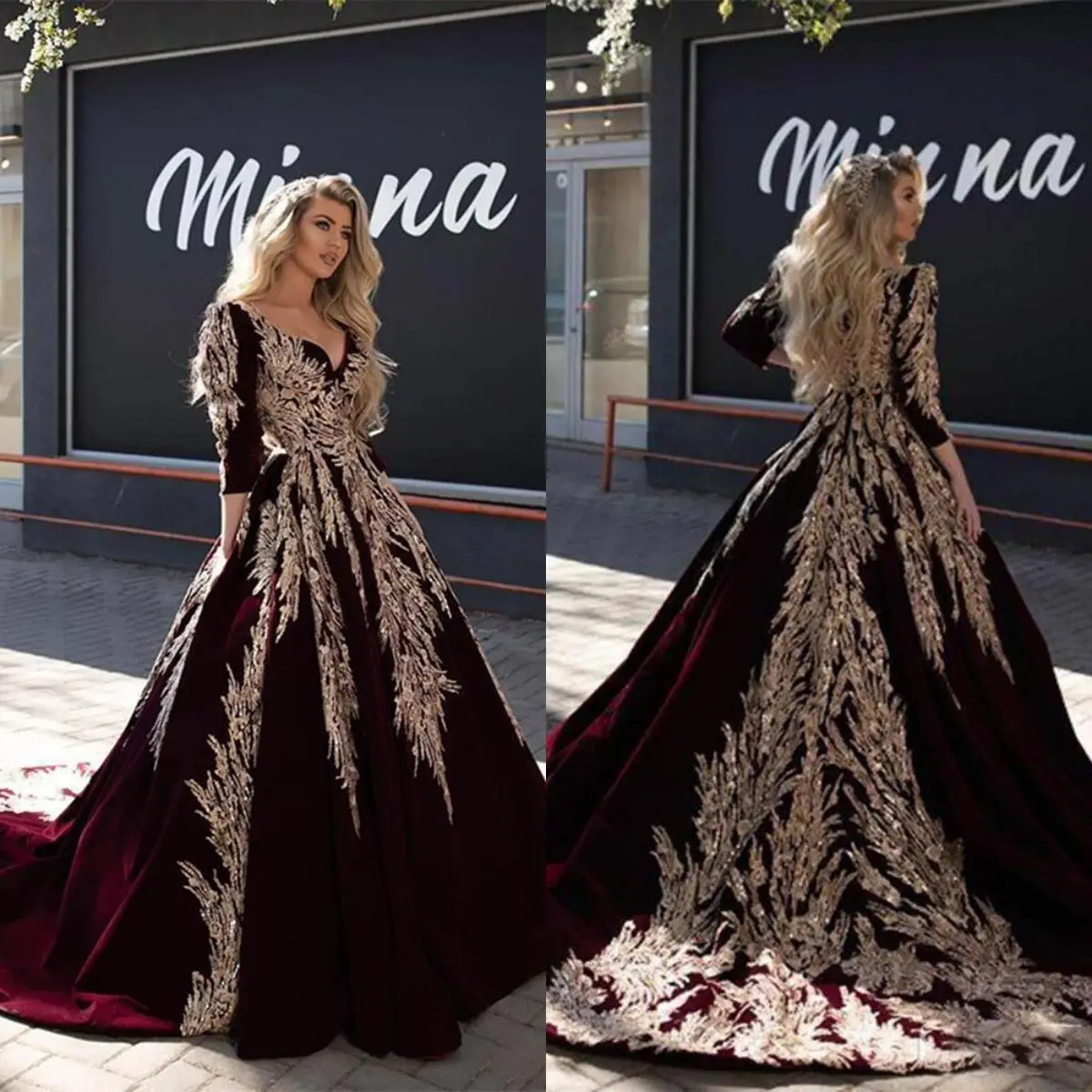 

14622#VAN Dubai Abrab Burgundy Velvet Formal Evening Dress Caftan karakou algerien Gold Lace Peplum Occasion Evening Prom Gown