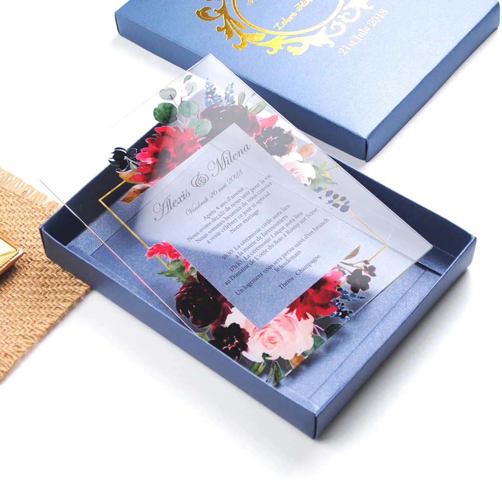 Transparent Personalized Printed Thick Acrylic Wedding Invitations Cards Box Envelop 10pcs