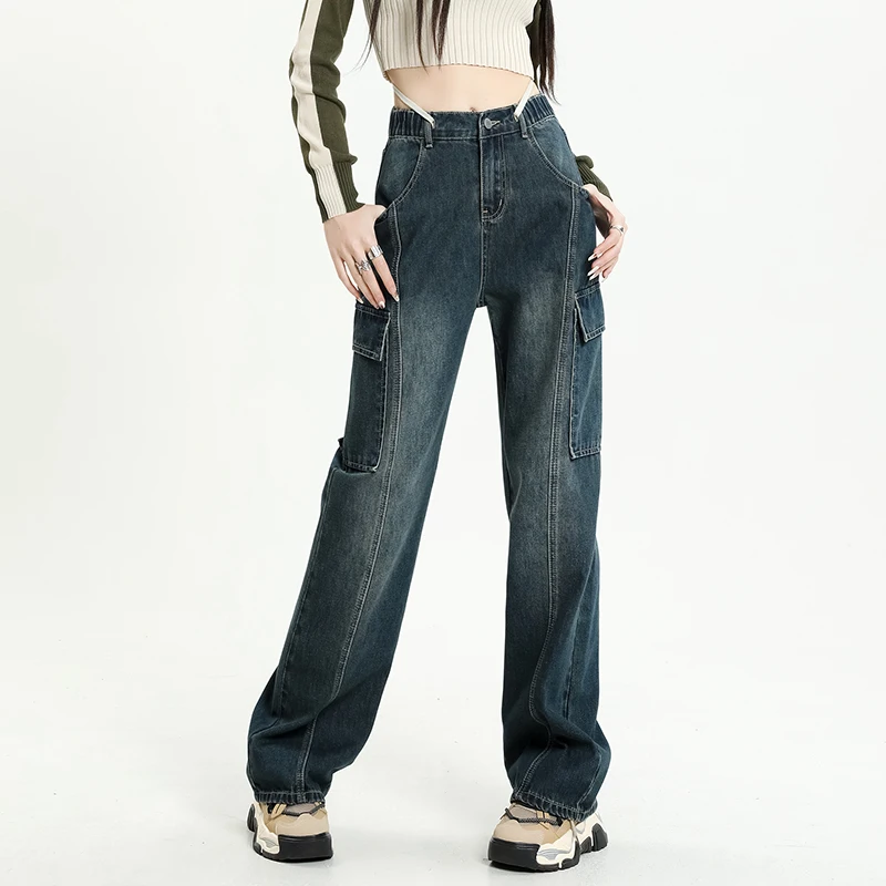 여성용 빈티지 청바지, 신축성 허리 패션, 스트레이트 드로스트링, 헐렁한 Y2k 카고 바지, 스트리트웨어, 2024 용수철 신상