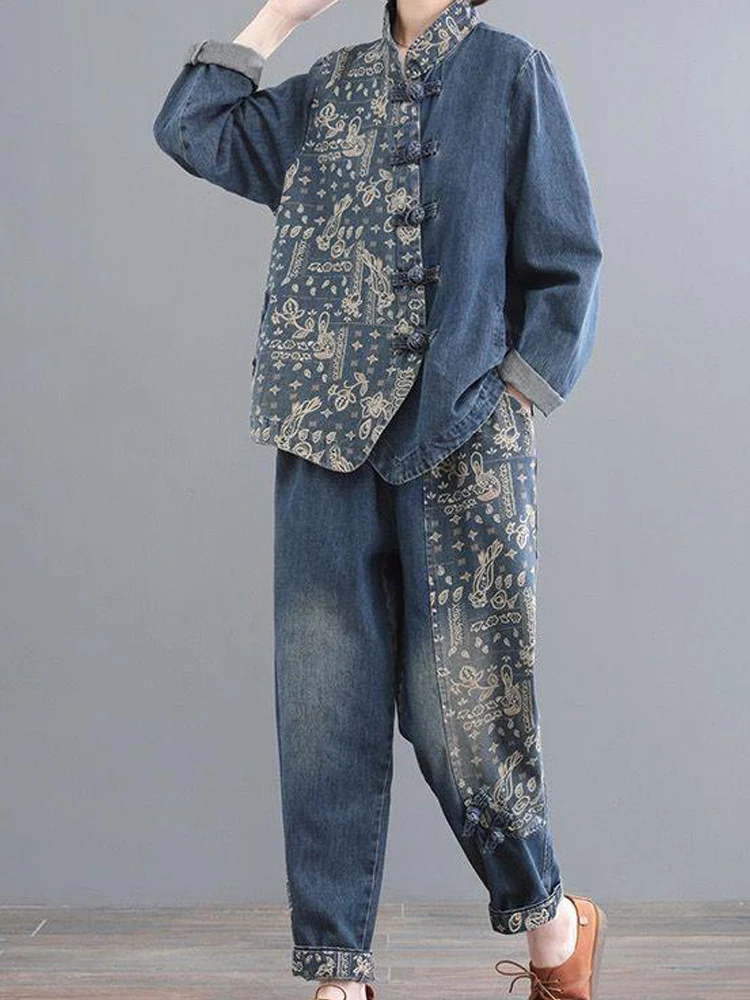 

Fashion Spring New Denim Single Breasted Disc Buckle Print Patchwork Long Sleeves Top Ankle-length Pants Women's Two-piece Suit