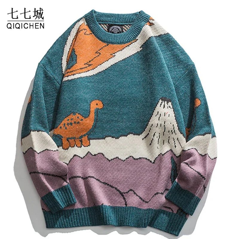 Harajuku Cartoon Little Dinosaur Knitted Sweater Men Winter Sweater  Women Vintage Pullover Casual Japanese Streetwear Unisex